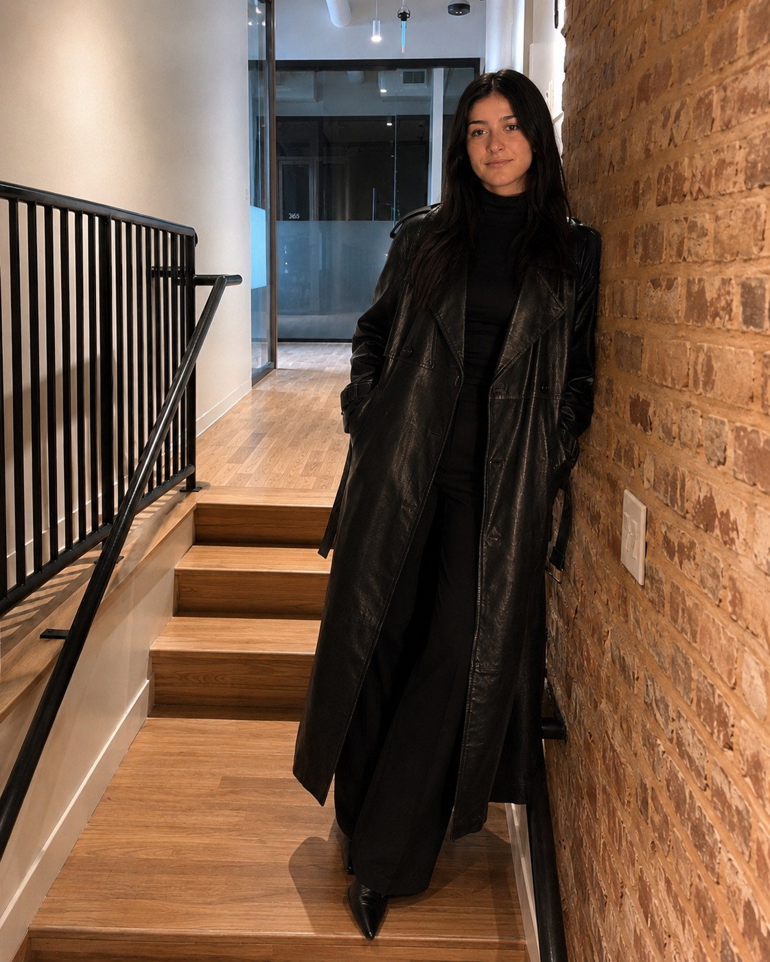 Woman in a black leather coat standing beside a brick wall